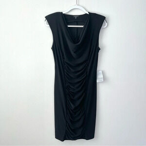 NWT Komarov Draped Ruched Cap Sleeve Cocktail Staple Black Dress